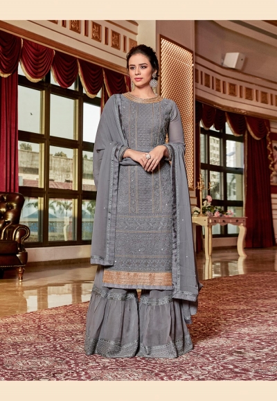 Gray georgette embroidered sharara suit  4524